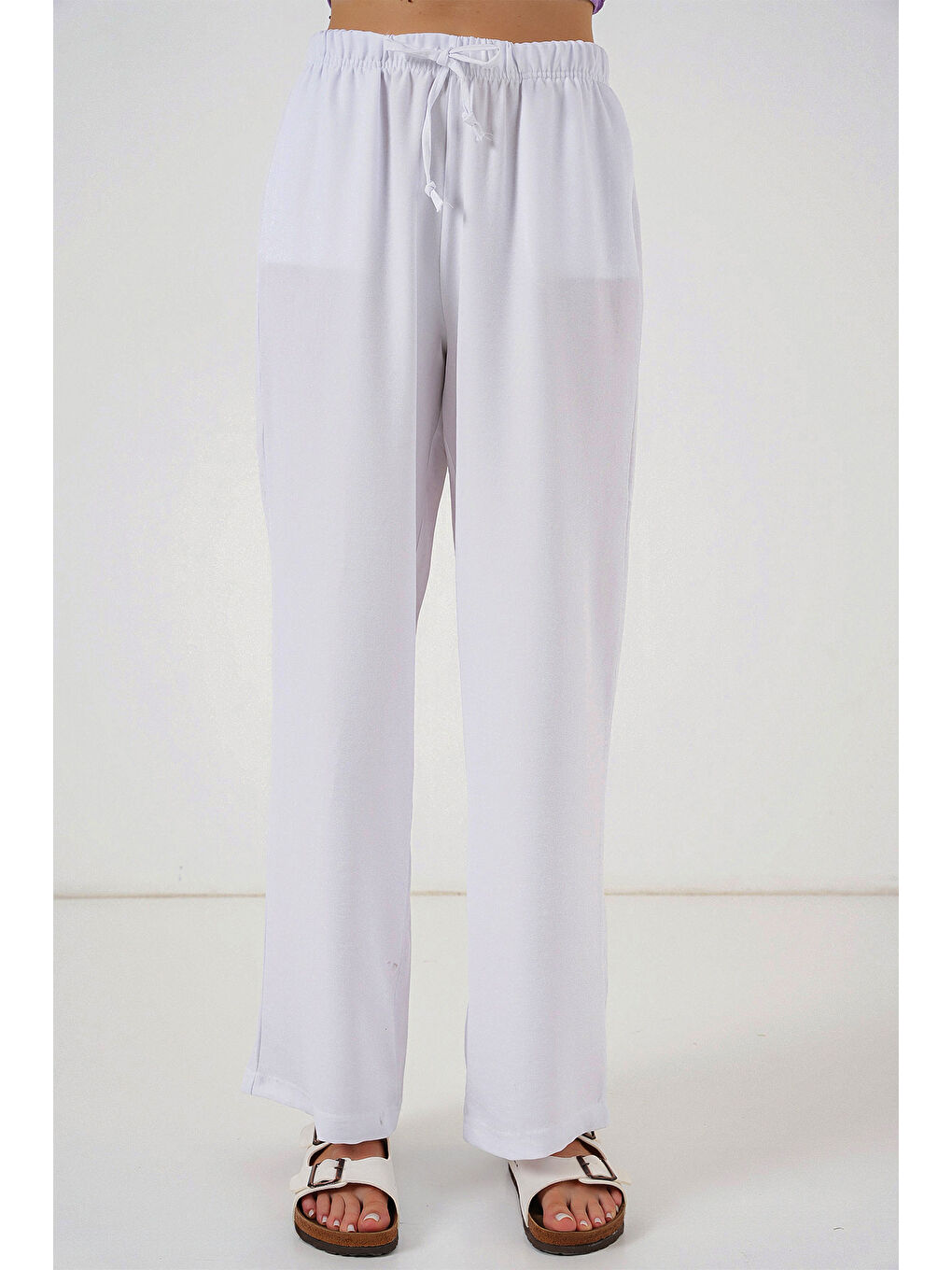 Kadın Geniş Paça Keten Pantolon 6735 - Beyaz-3