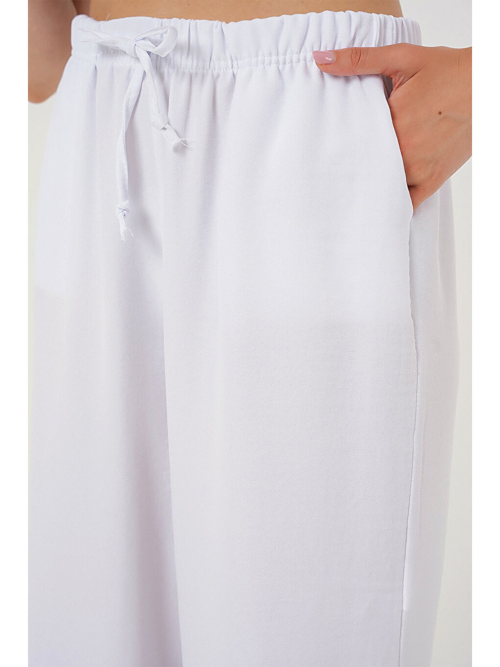 Kadın Geniş Paça Keten Pantolon 6735 - Beyaz-4