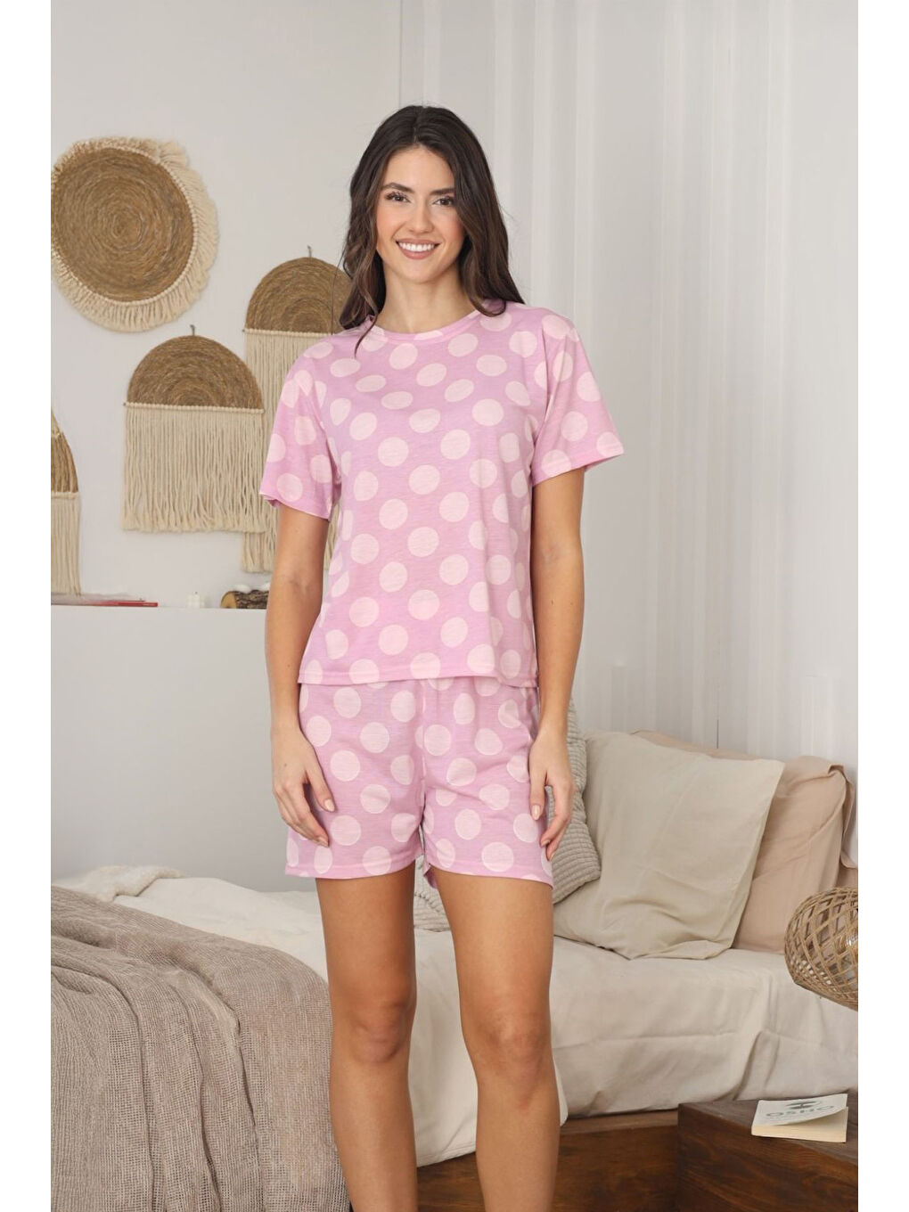 Lila Puantiye Desenli Şortlu Penye Pijama Takımı-1