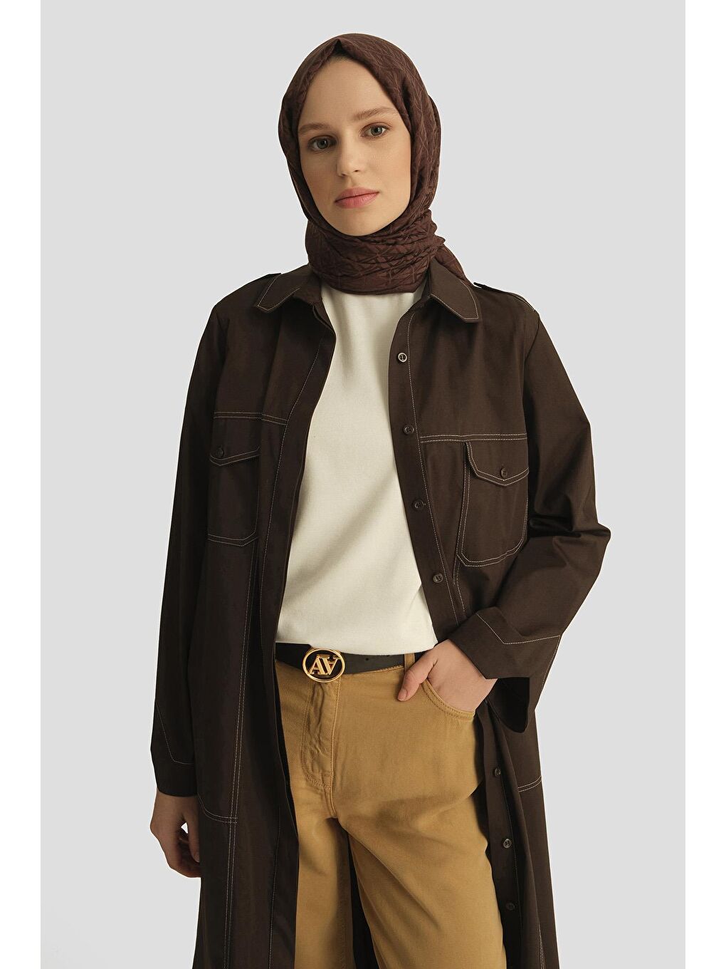 Kontrast Dikişli Pamuk Tunik Elbise 25Y4705 Kahverengi-1