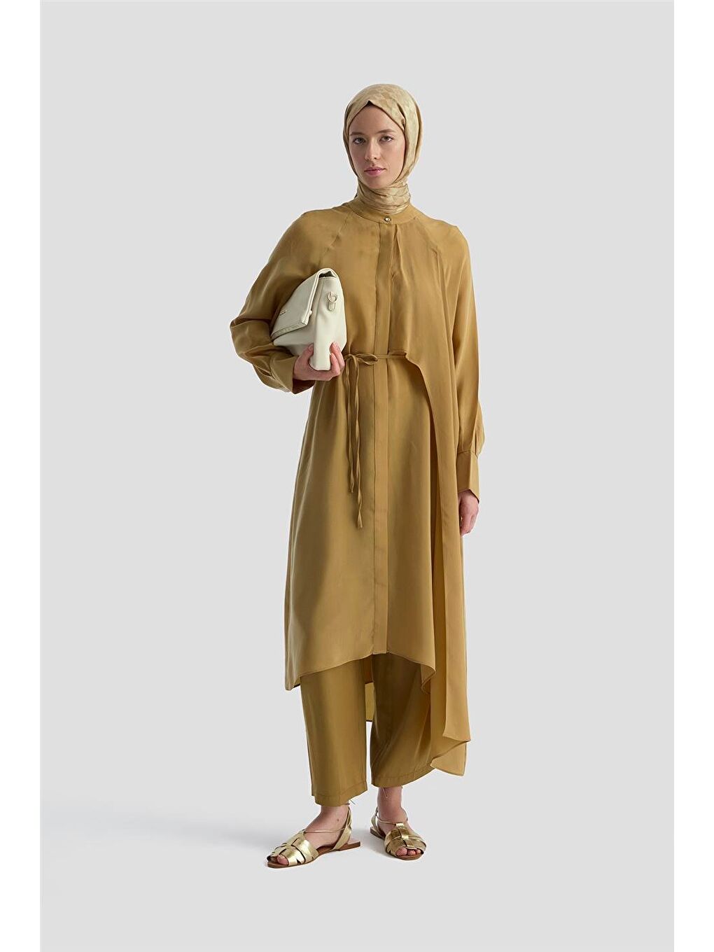Kahverengi Asimetrik Allerli Cupra Tunik Elbise 25Y4706 Sahra