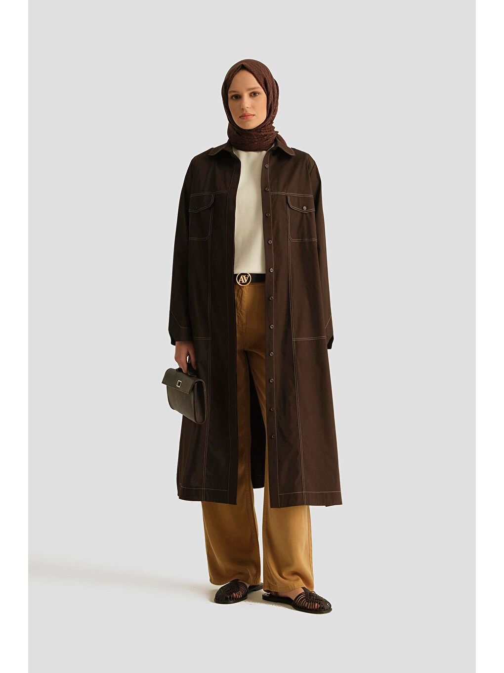 Kontrast Dikişli Pamuk Tunik Elbise 25Y4705 Kahverengi-2