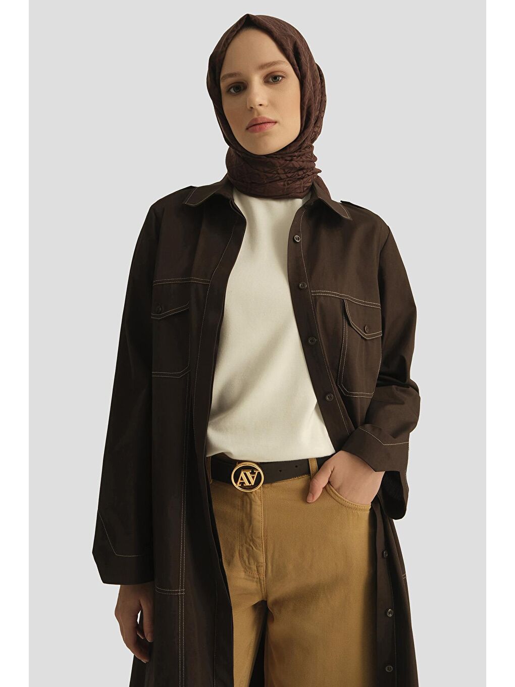 Kontrast Dikişli Pamuk Tunik Elbise 25Y4705 Kahverengi-3