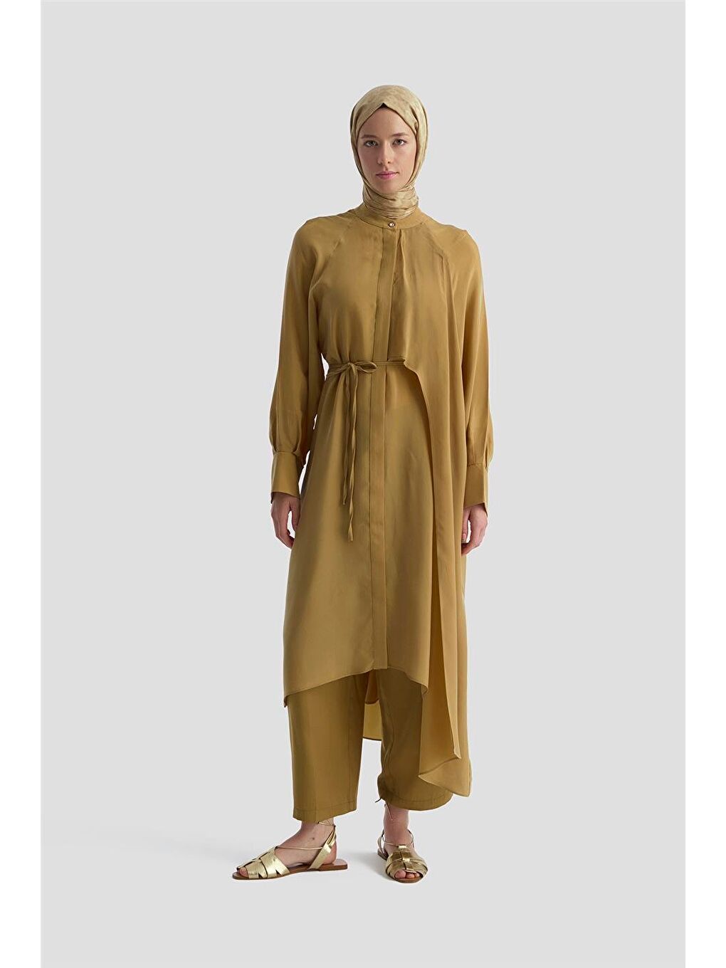 Kahverengi Asimetrik Allerli Cupra Tunik Elbise 25Y4706 Sahra-1