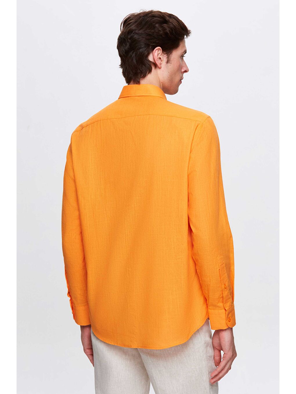 Comfort Açık Turuncu Düğmeli Yaka Rahat Kesim Keten Görünümlü %100 Pamuk Gömlek-2