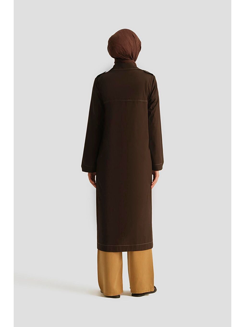 Kontrast Dikişli Pamuk Tunik Elbise 25Y4705 Kahverengi-4