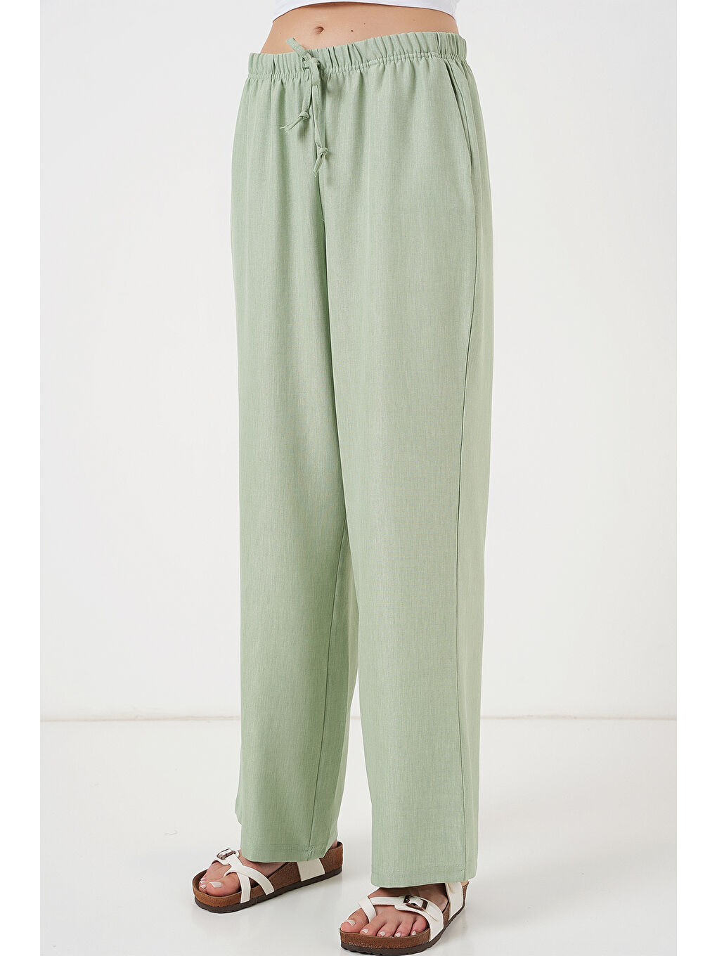 Kadın Geniş Paça Keten Pantolon 6735 - E.Yeşil-1
