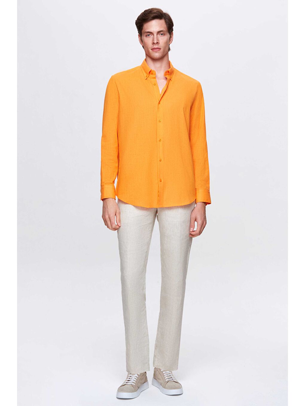 Comfort Açık Turuncu Düğmeli Yaka Rahat Kesim Keten Görünümlü %100 Pamuk Gömlek-3