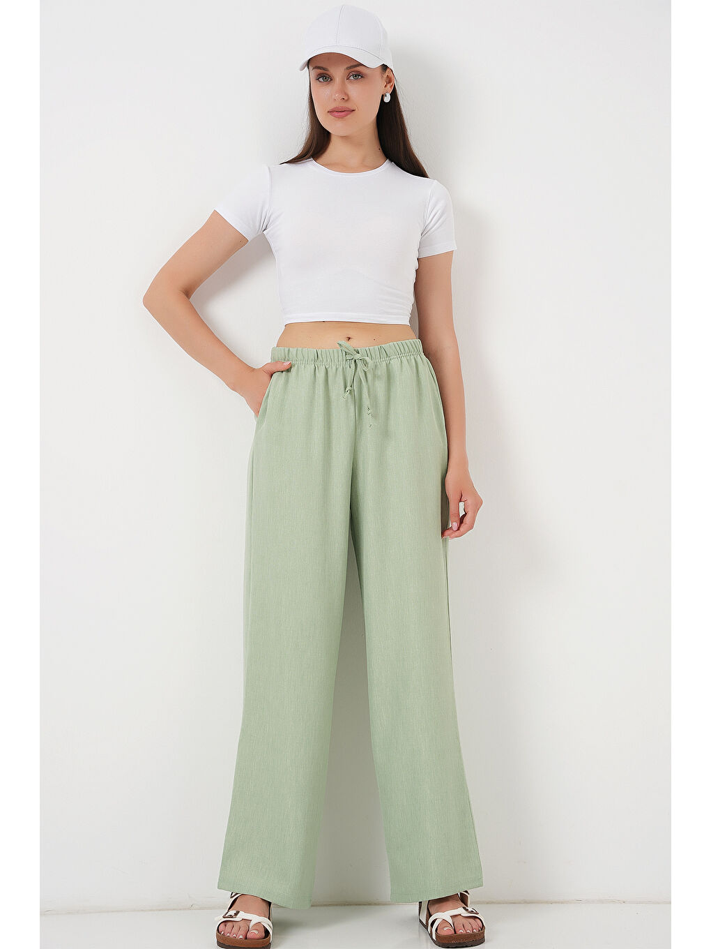 Kadın Geniş Paça Keten Pantolon 6735 - E.Yeşil-2