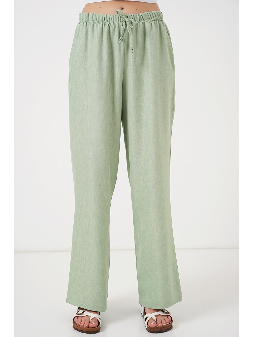 Kadın Geniş Paça Keten Pantolon 6735 - E.Yeşil-3