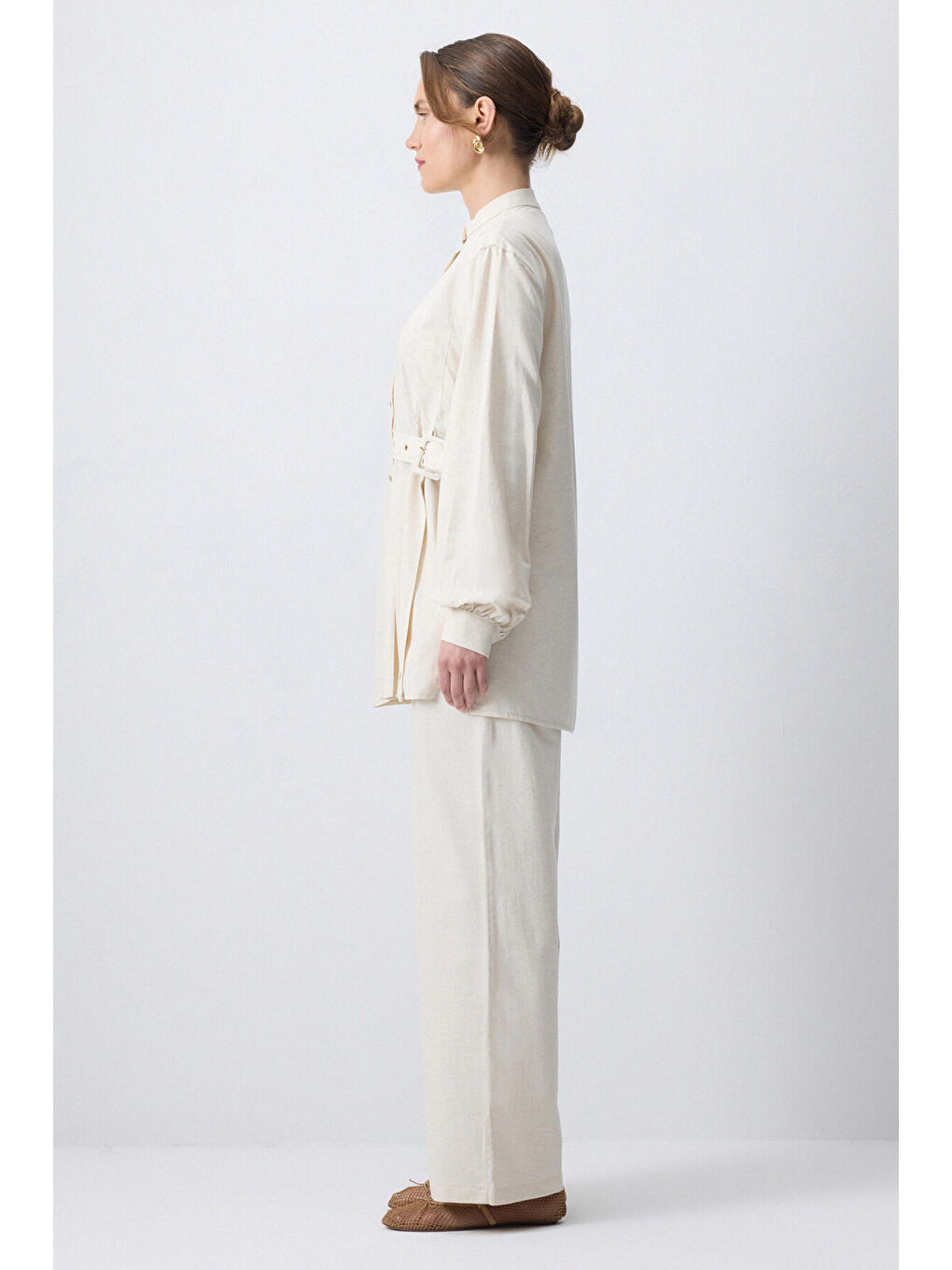 Bej Kemer Detaylı Gömlek Pantolon Takım-2