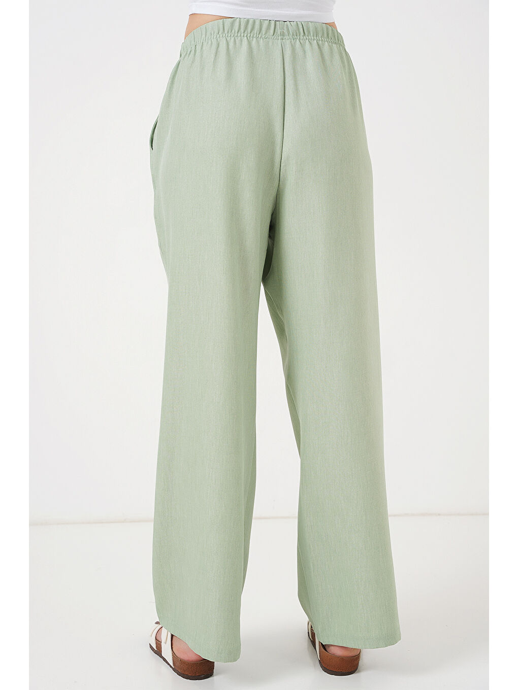 Kadın Geniş Paça Keten Pantolon 6735 - E.Yeşil-5