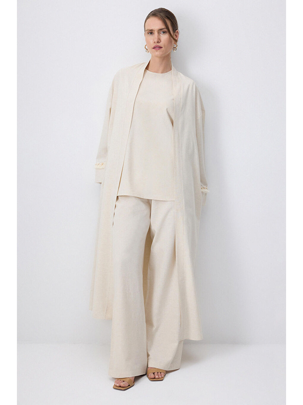 Bej Doğal Dokulu Kimonolu 3 Lü Takım