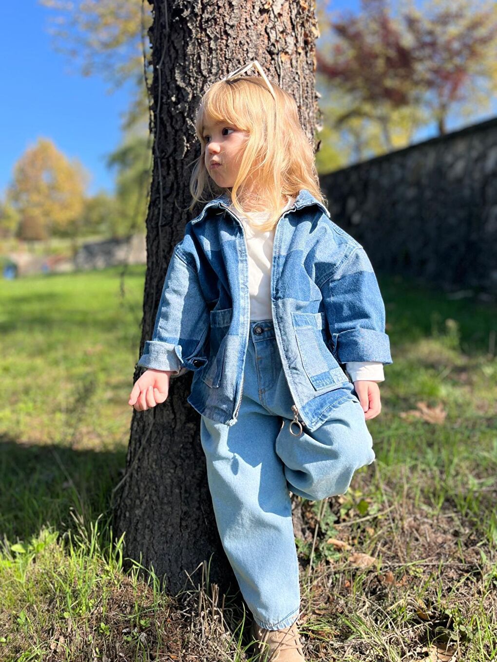 Unisex Çocuk Pamuklu Mavi Kare Desenli Fermuarlı Denim Ceket – Günlük Tarz-1