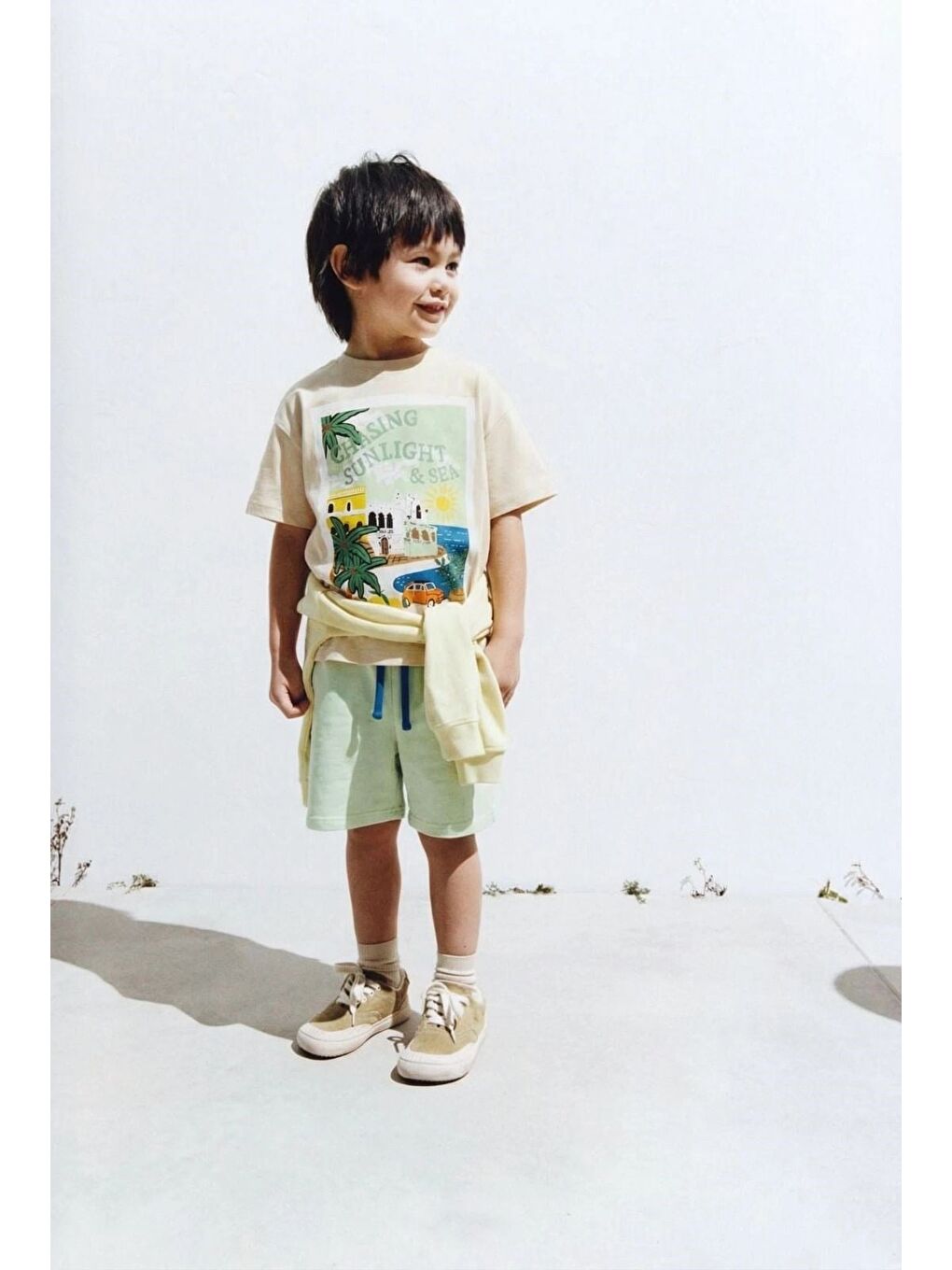 Karışık Erkek Çocuk Pamuklu Bej Baskılı T-Shirt Şort Takım