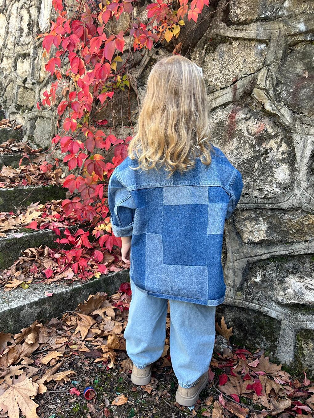 Unisex Çocuk Pamuklu Mavi Kare Desenli Fermuarlı Denim Ceket – Günlük Tarz-2