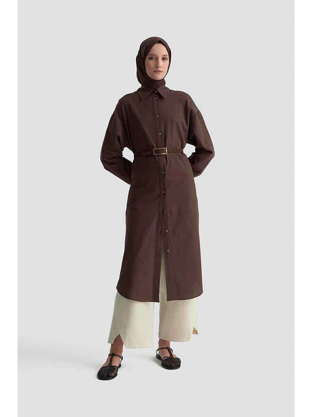 Kahverengi Yanları Düğmeli Tunik Elbie 25K4000 Acı Kahve-1