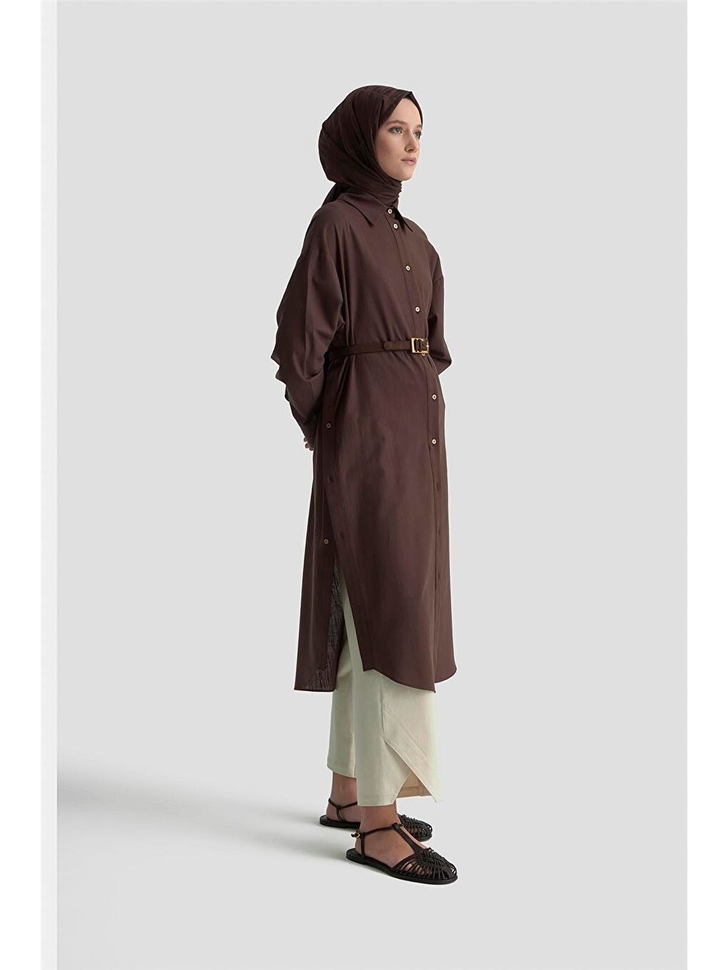 Kahverengi Yanları Düğmeli Tunik Elbie 25K4000 Acı Kahve-2