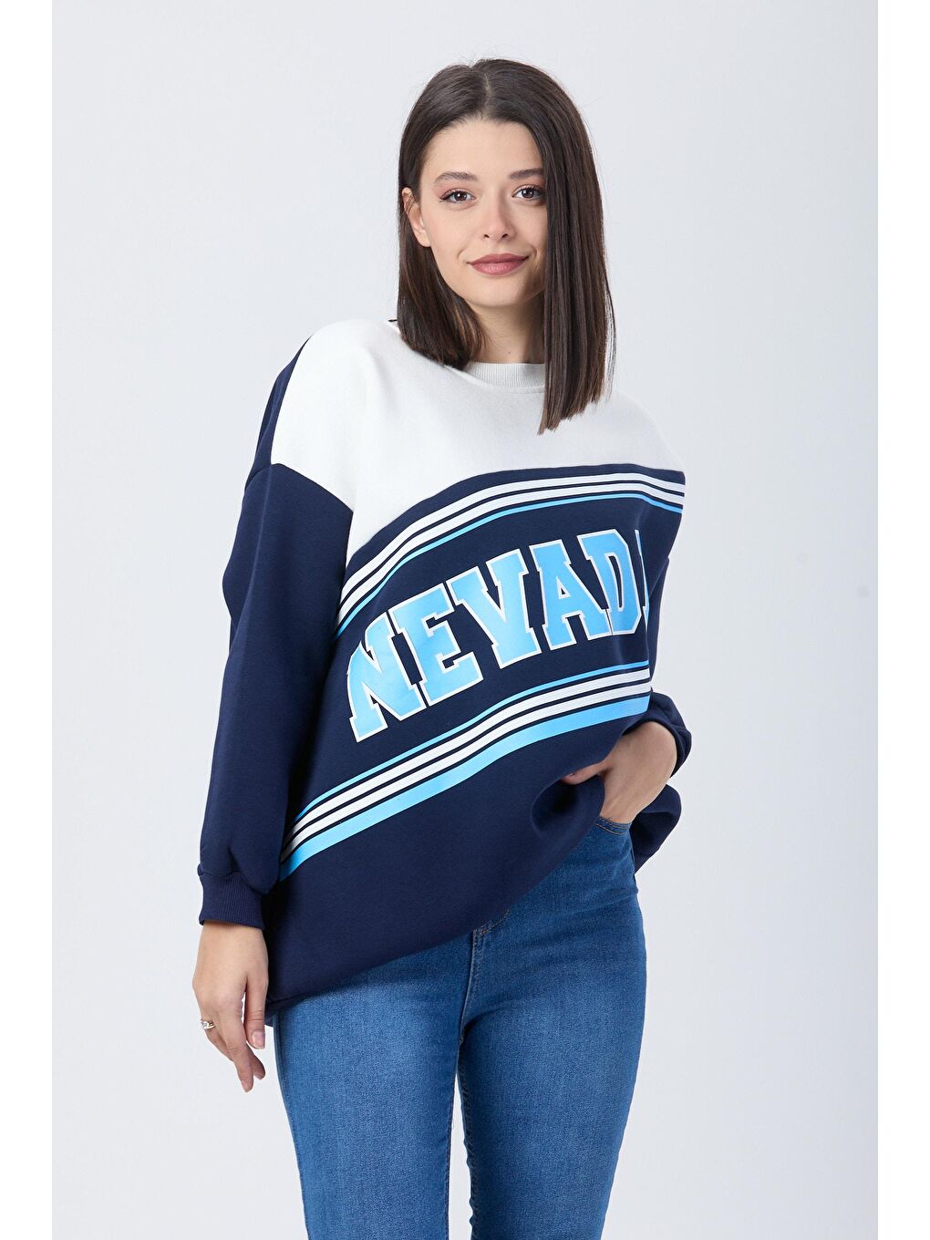 Bisiklet Yaka Kadın Lacivert Sweat - 23609-3