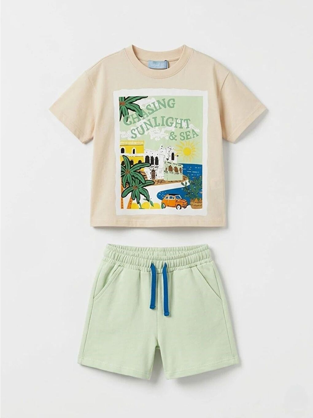 Karışık Erkek Çocuk Pamuklu Bej Baskılı T-Shirt Şort Takım-1