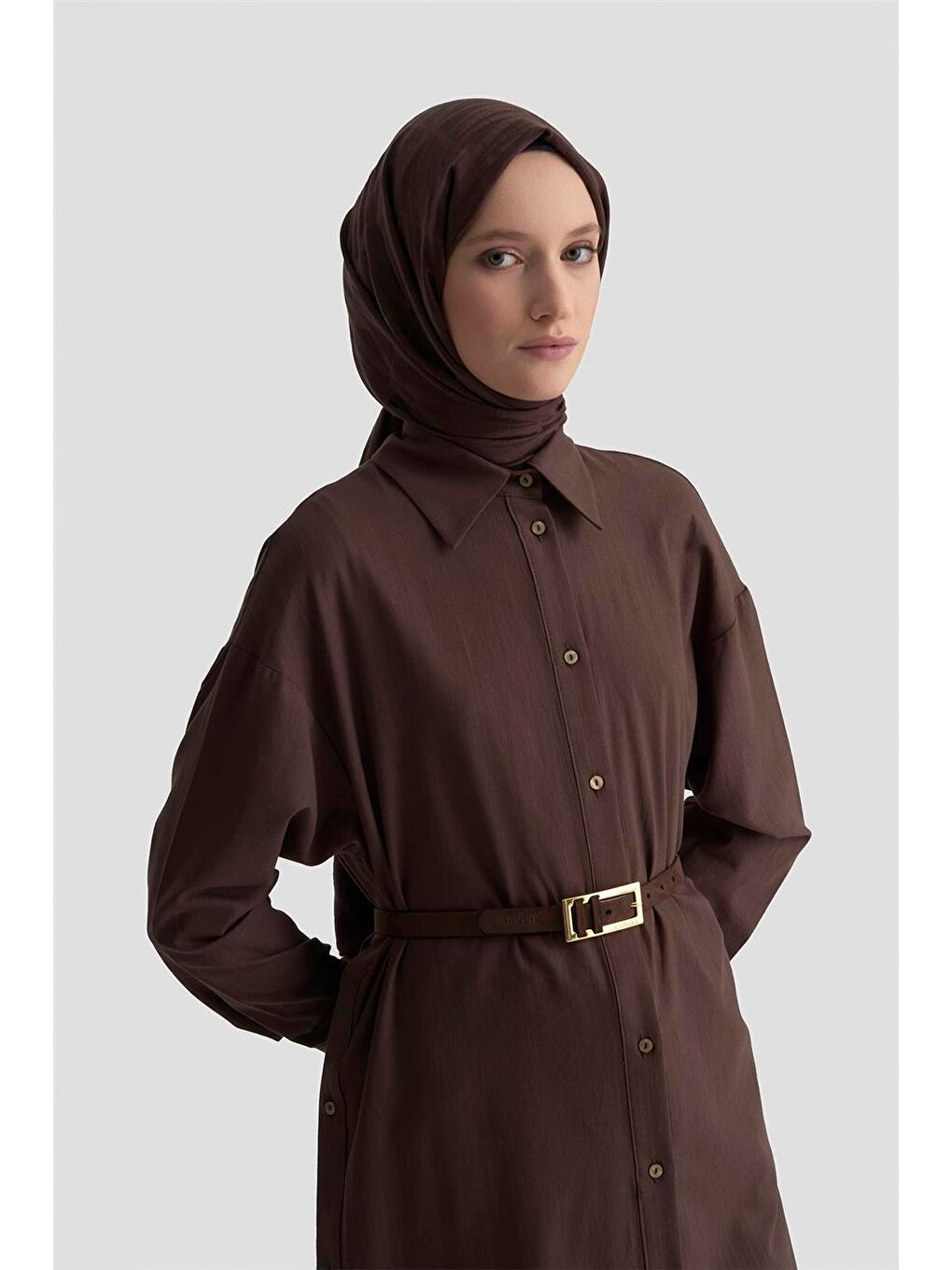 Kahverengi Yanları Düğmeli Tunik Elbie 25K4000 Acı Kahve-3