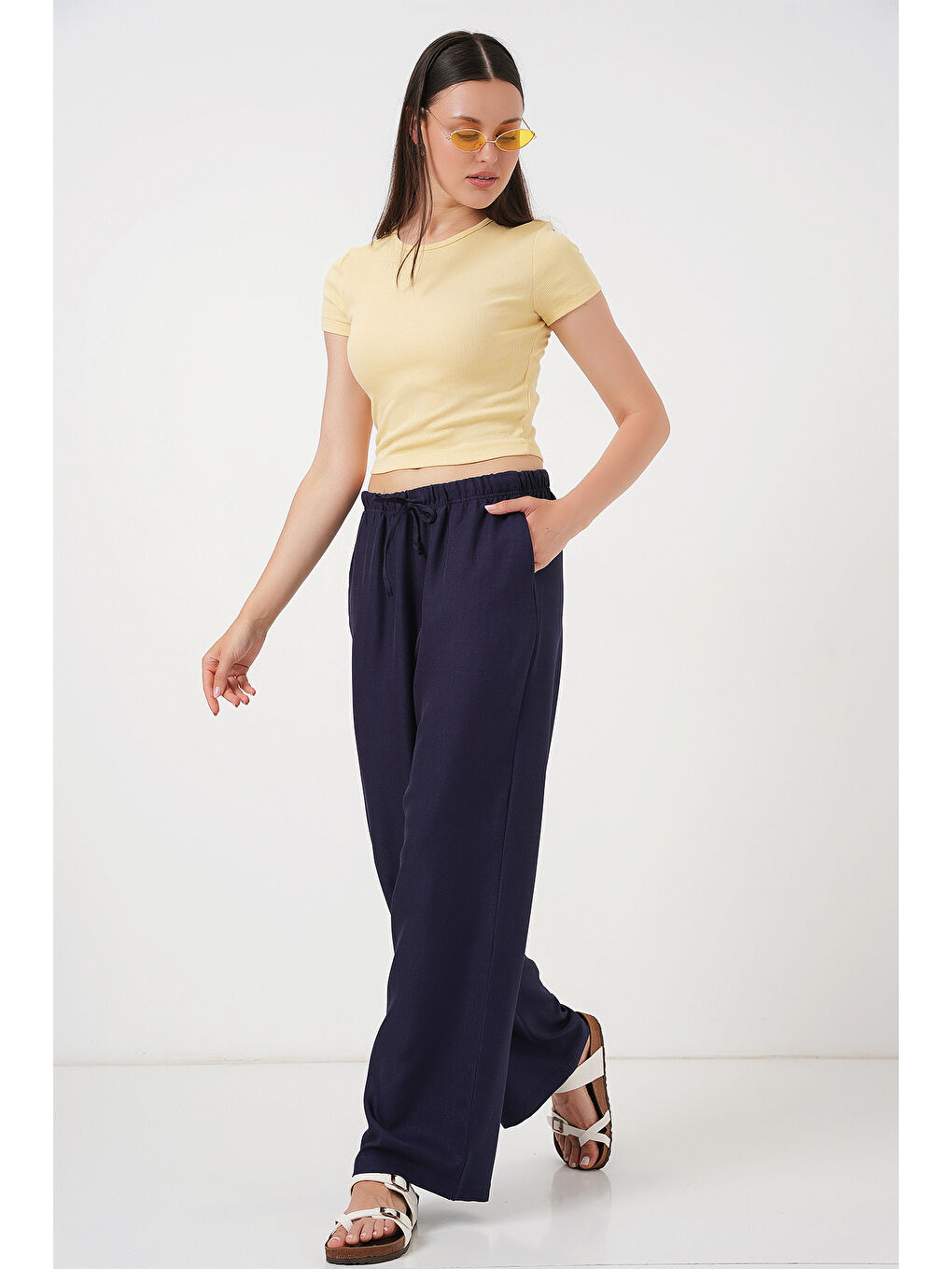 Kadın Geniş Paça Keten Pantolon 6735 - Lacivert
