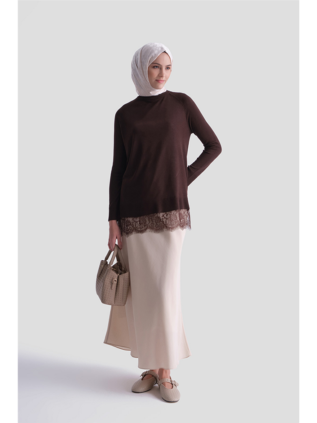 Kahverengi Dantelli Rayon Tunik Acı Kahve-1