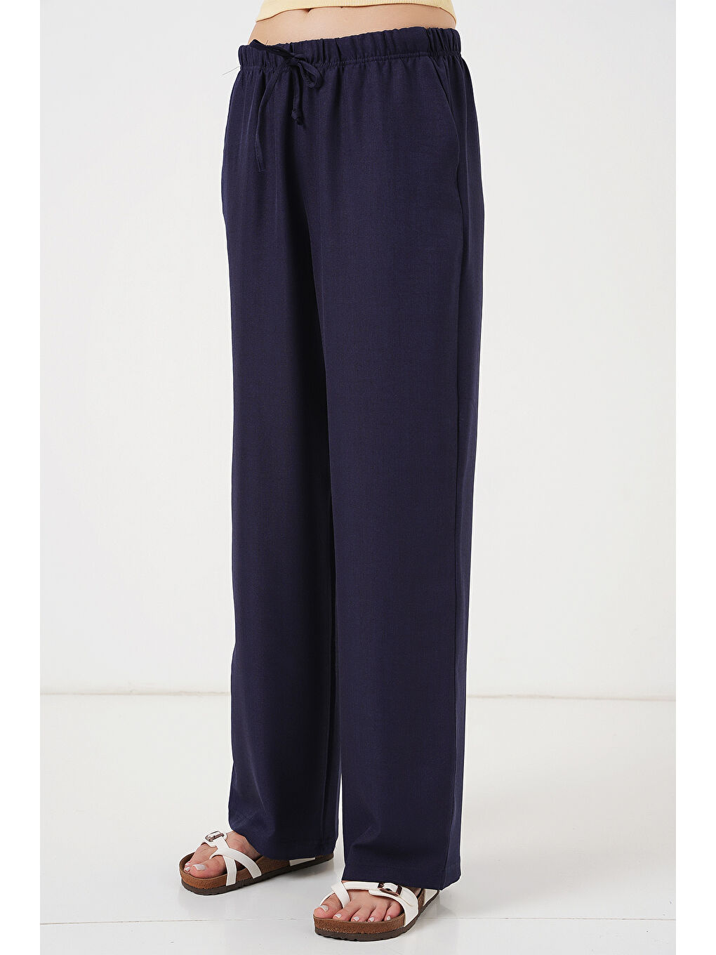 Kadın Geniş Paça Keten Pantolon 6735 - Lacivert-1