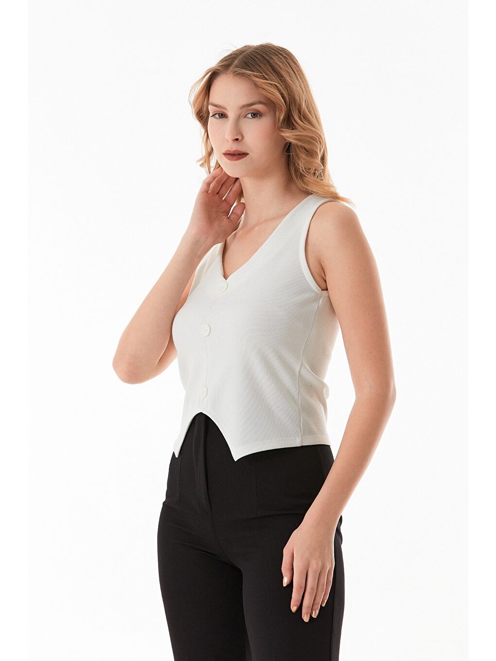 Ekru Basic Fitilli Düğmeli Yelek-2