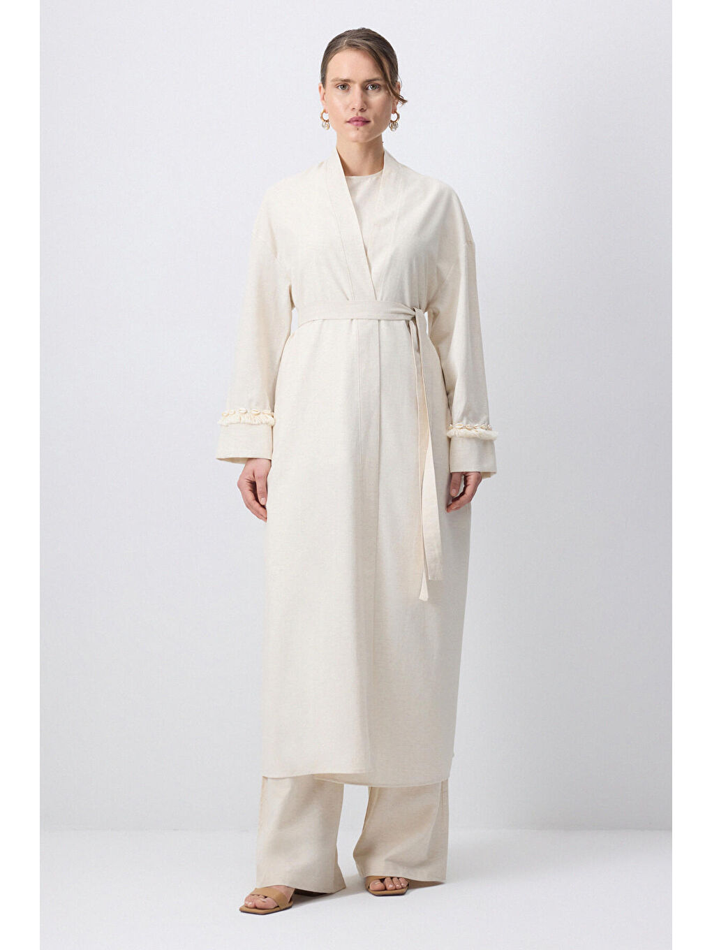 Bej Doğal Dokulu Kimonolu 3 Lü Takım-1