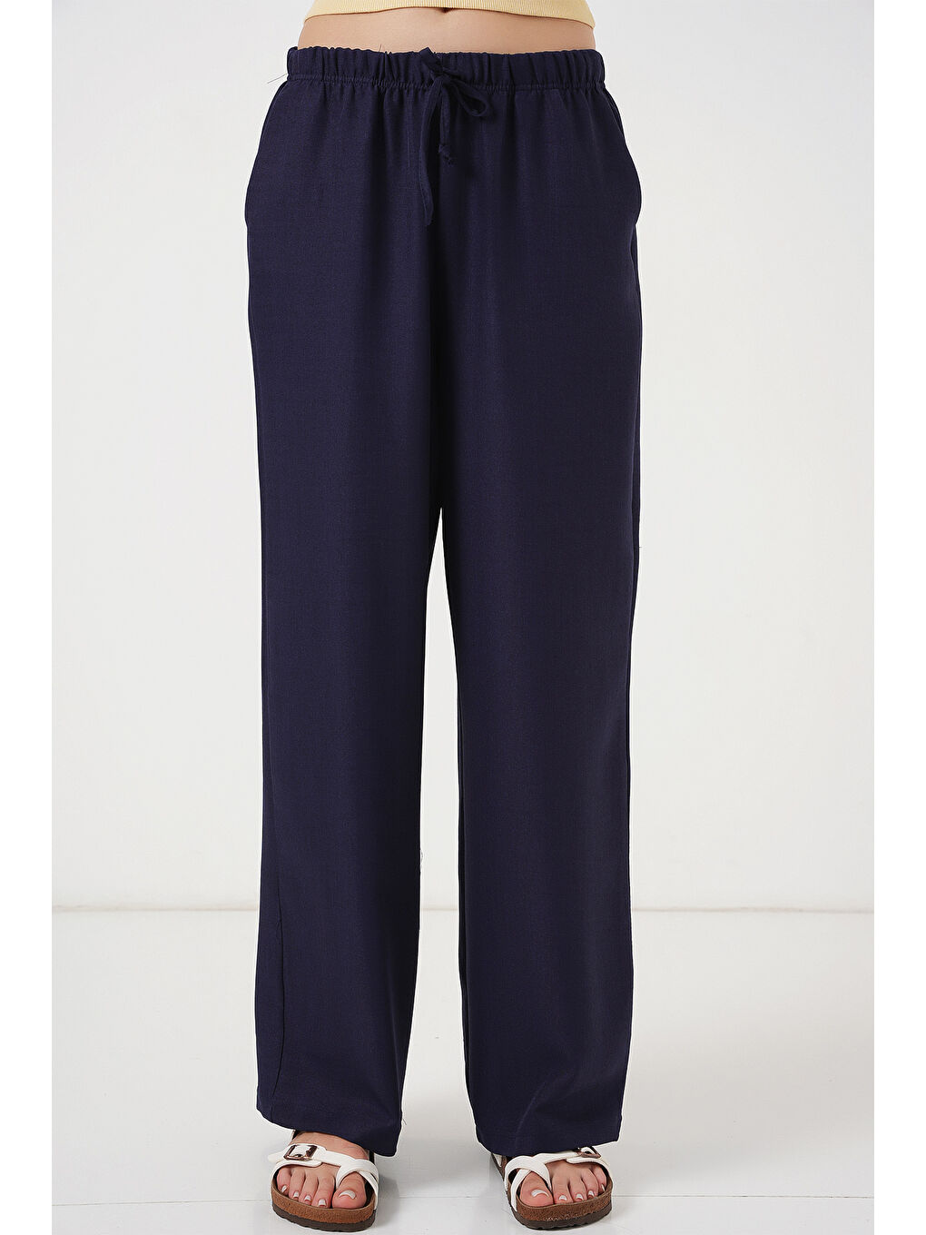 Kadın Geniş Paça Keten Pantolon 6735 - Lacivert-3