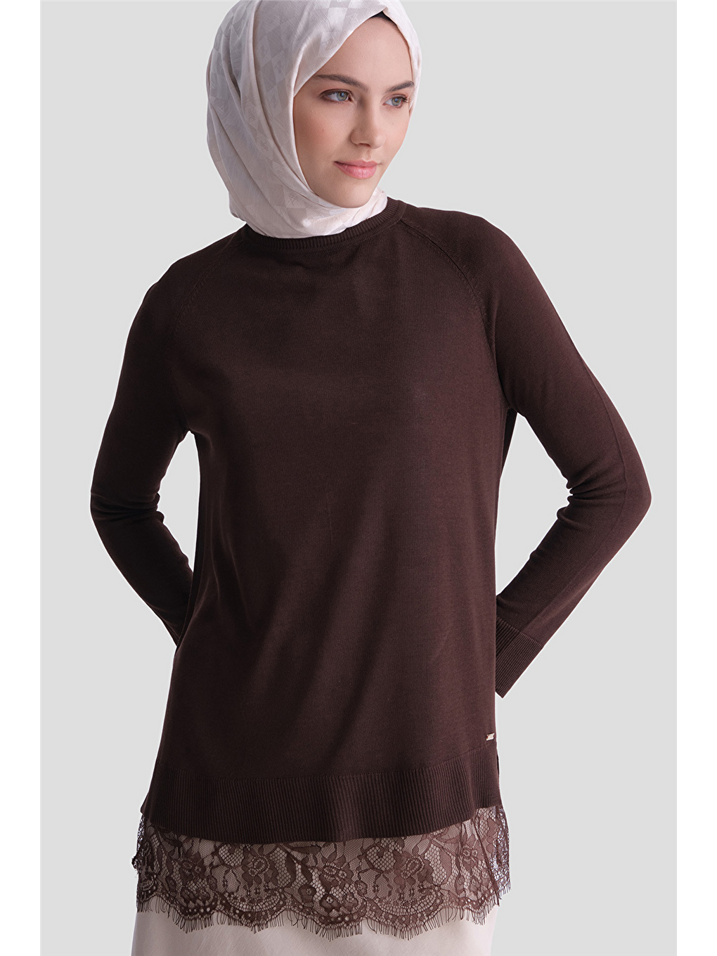 Kahverengi Dantelli Rayon Tunik Acı Kahve-2