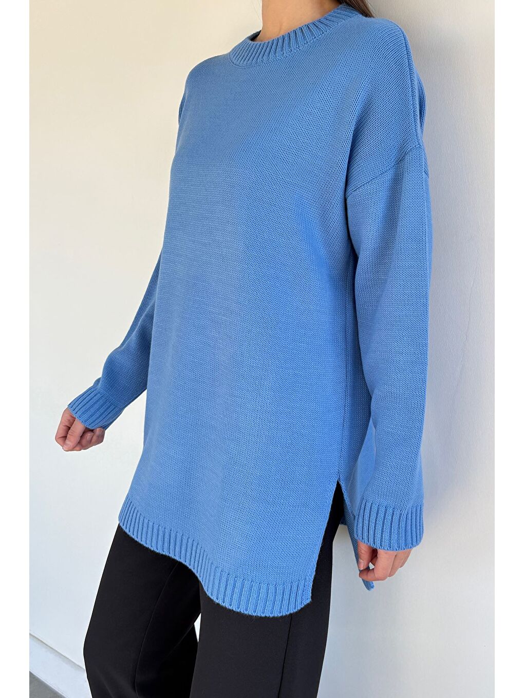 Mavi Kadın Bisiklet Yaka Yırtmaçlı Triko Tunik-1