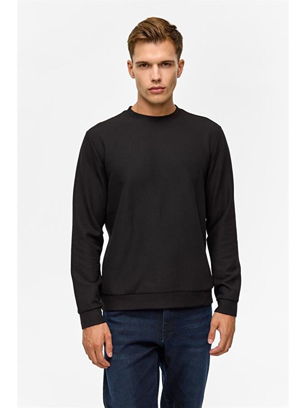 Siyah Regular Düz Bisiklet Yaka Sweatshirt-1