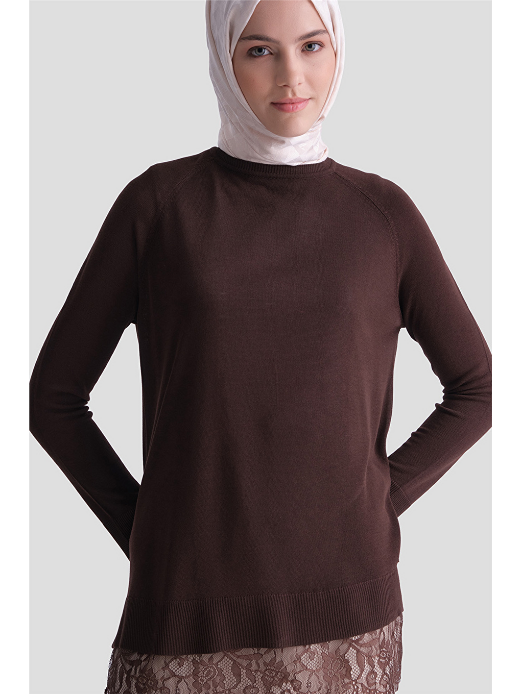 Kahverengi Dantelli Rayon Tunik Acı Kahve-3