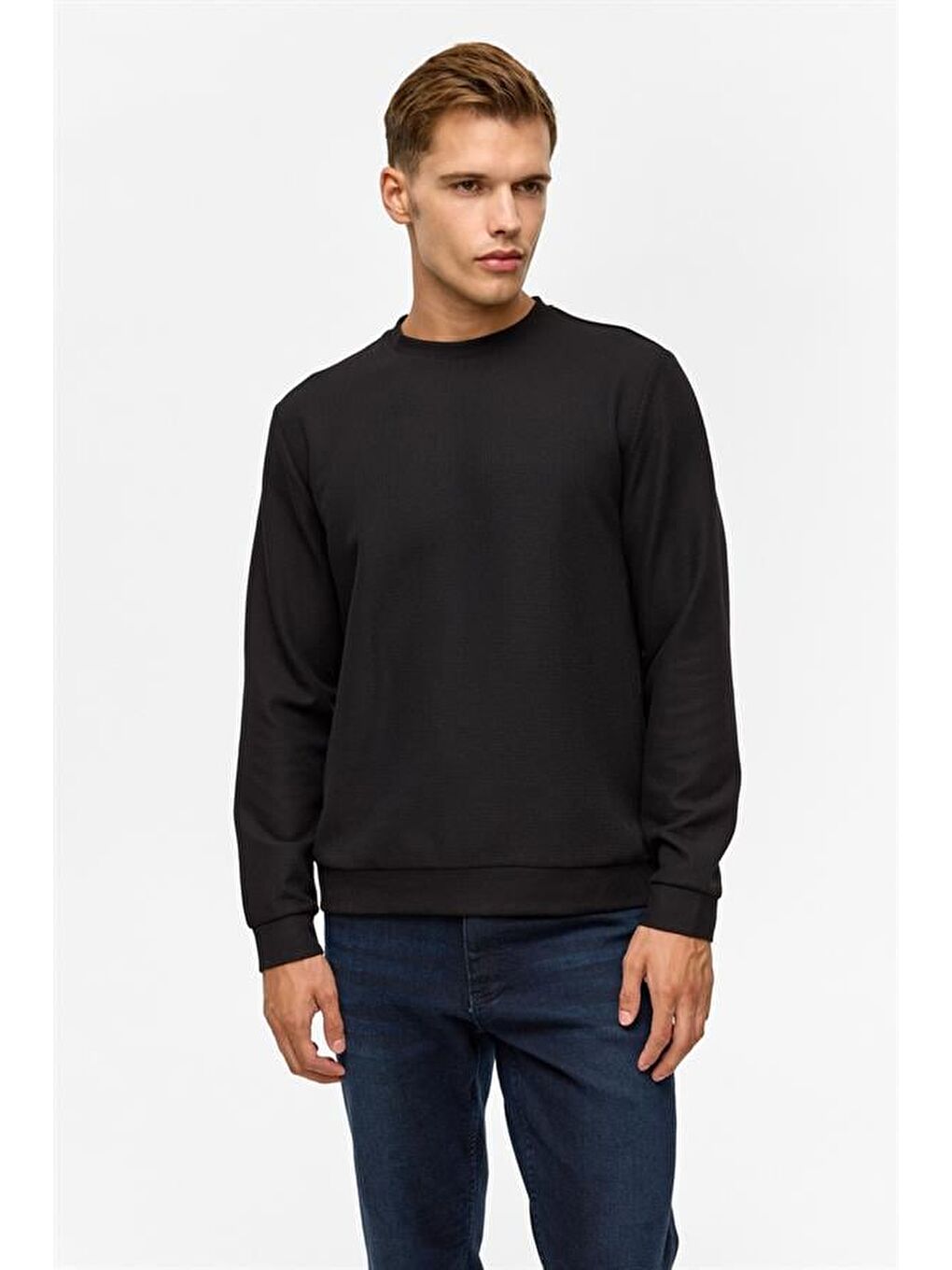 Siyah Regular Düz Bisiklet Yaka Sweatshirt-2