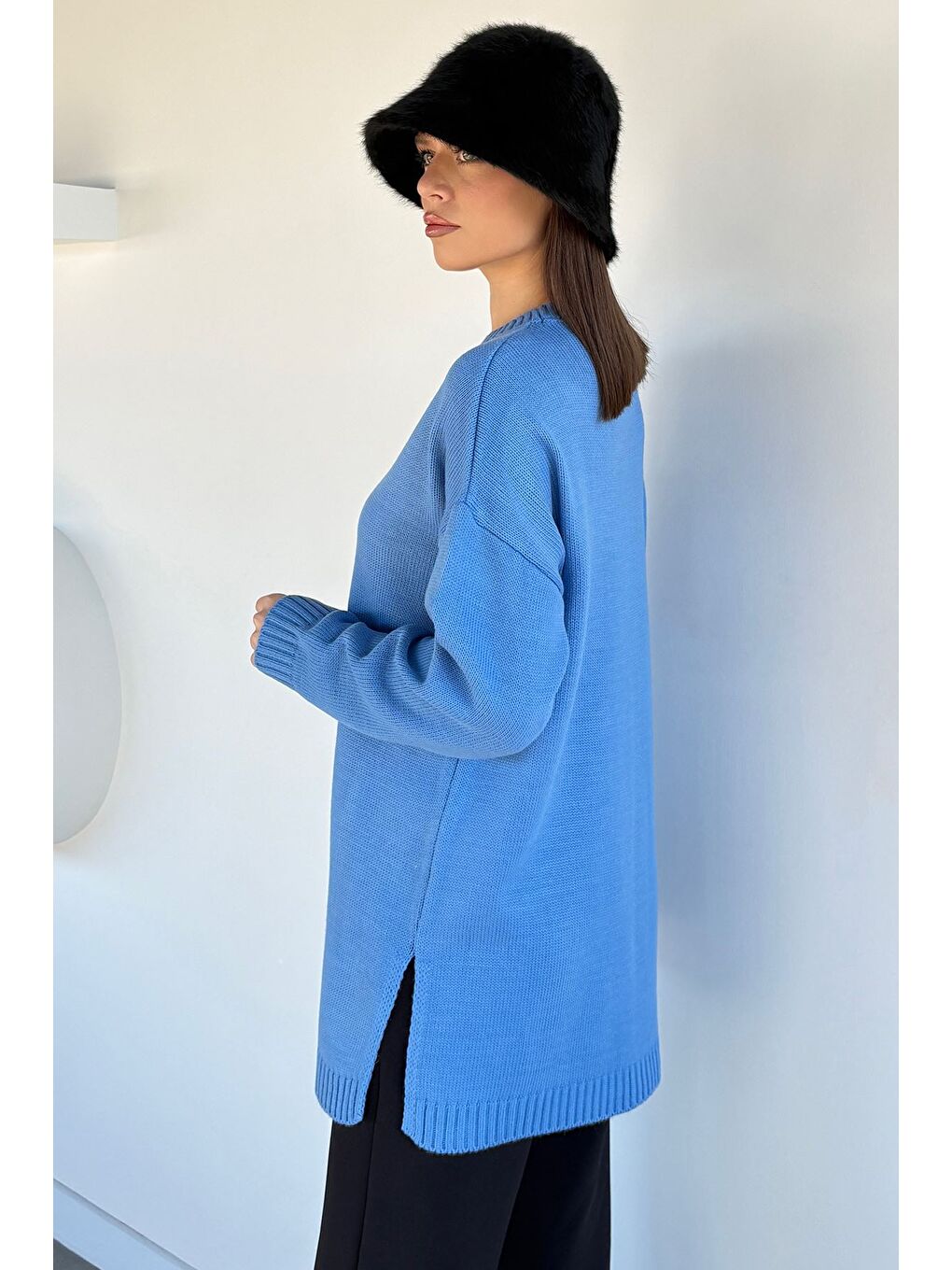 Mavi Kadın Bisiklet Yaka Yırtmaçlı Triko Tunik-3