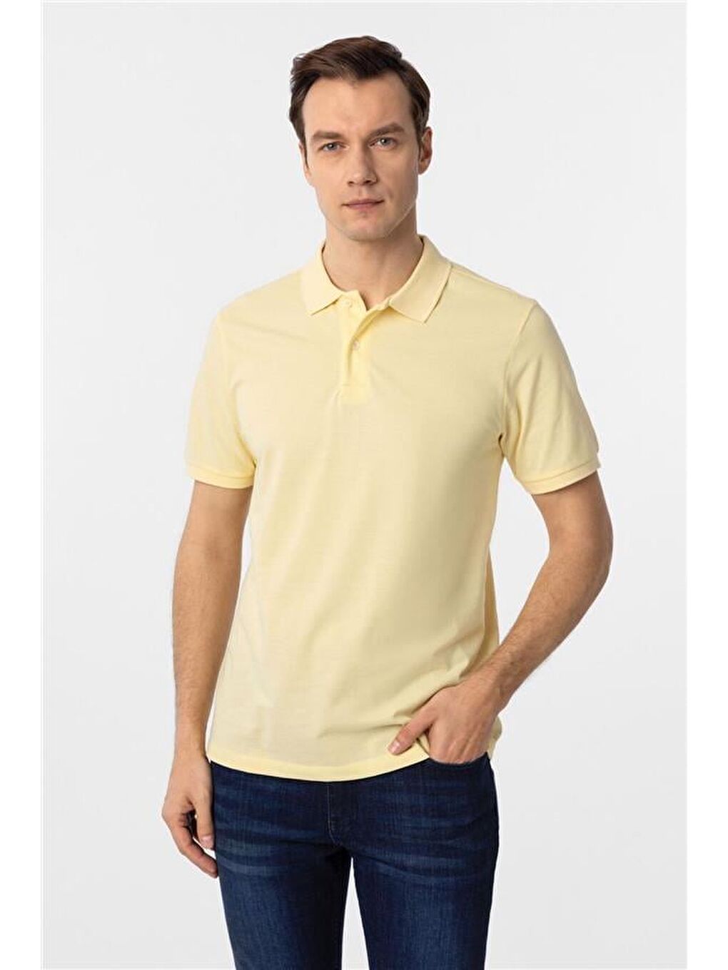 Sarı Regular Armürlü Polo Yaka Tişört-1