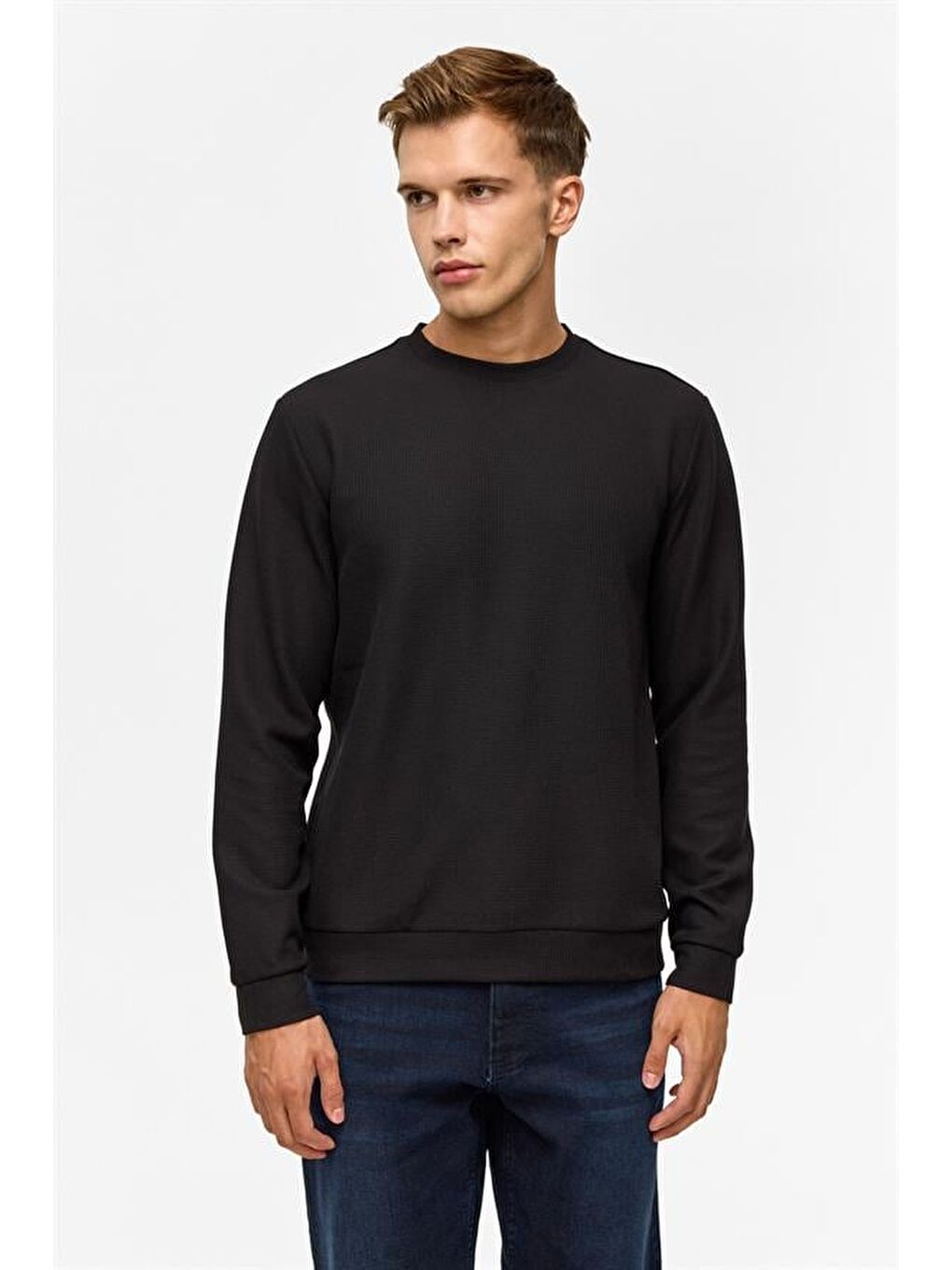 Siyah Regular Düz Bisiklet Yaka Sweatshirt-3
