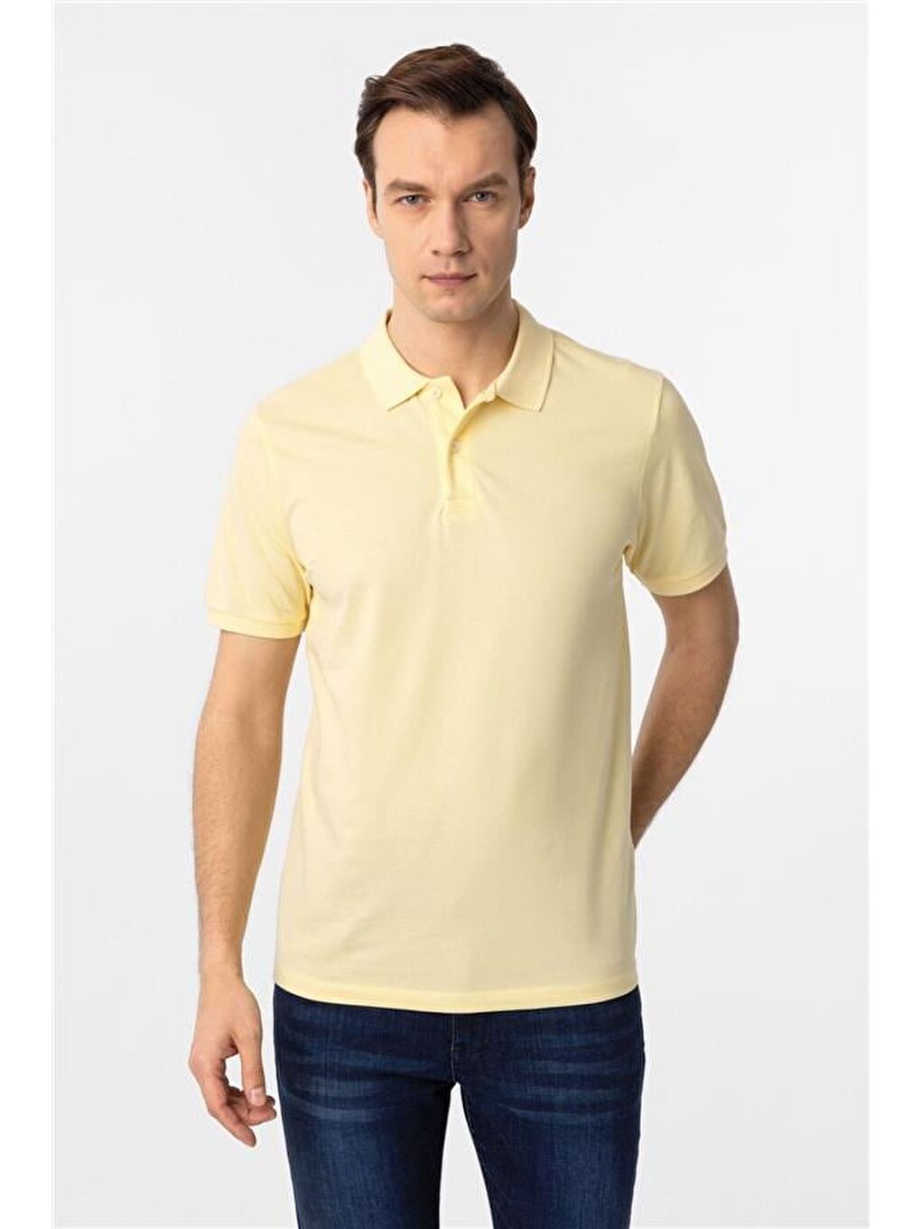 Sarı Regular Armürlü Polo Yaka Tişört-2