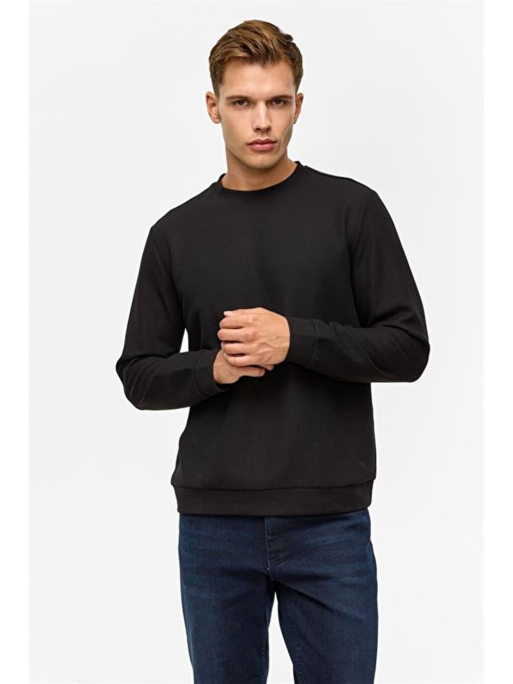Siyah Regular Düz Bisiklet Yaka Sweatshirt-5