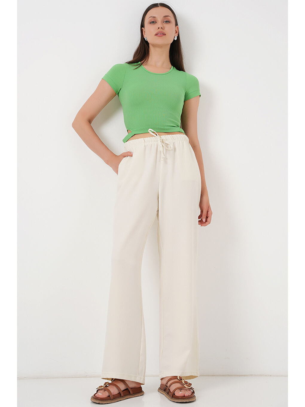 Kadın Geniş Paça Keten Pantolon 6735 - Ekru