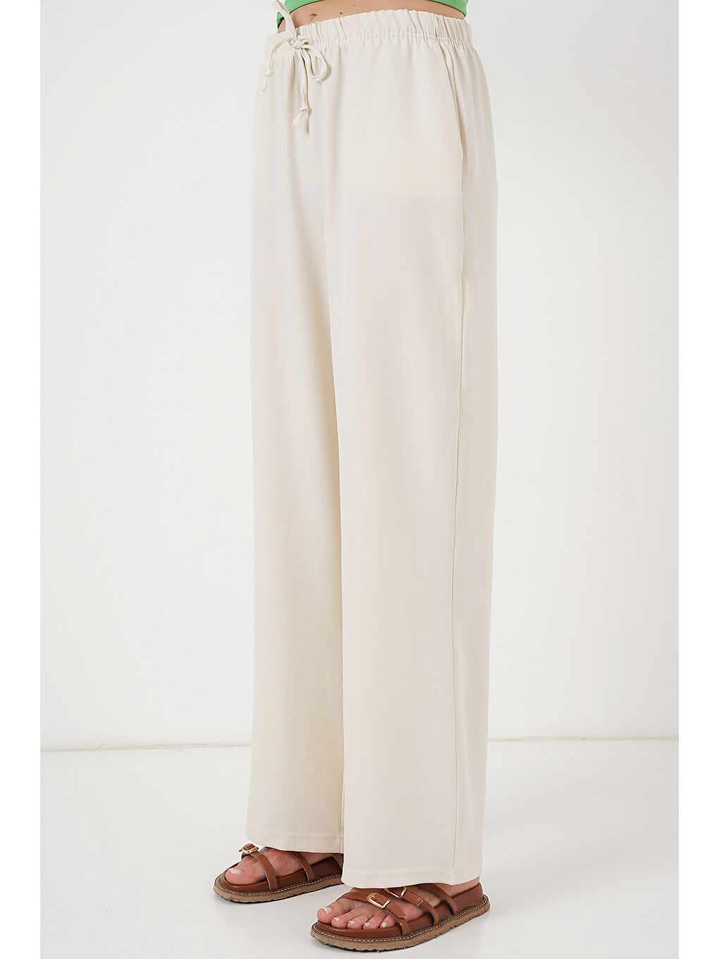 Kadın Geniş Paça Keten Pantolon 6735 - Ekru-1