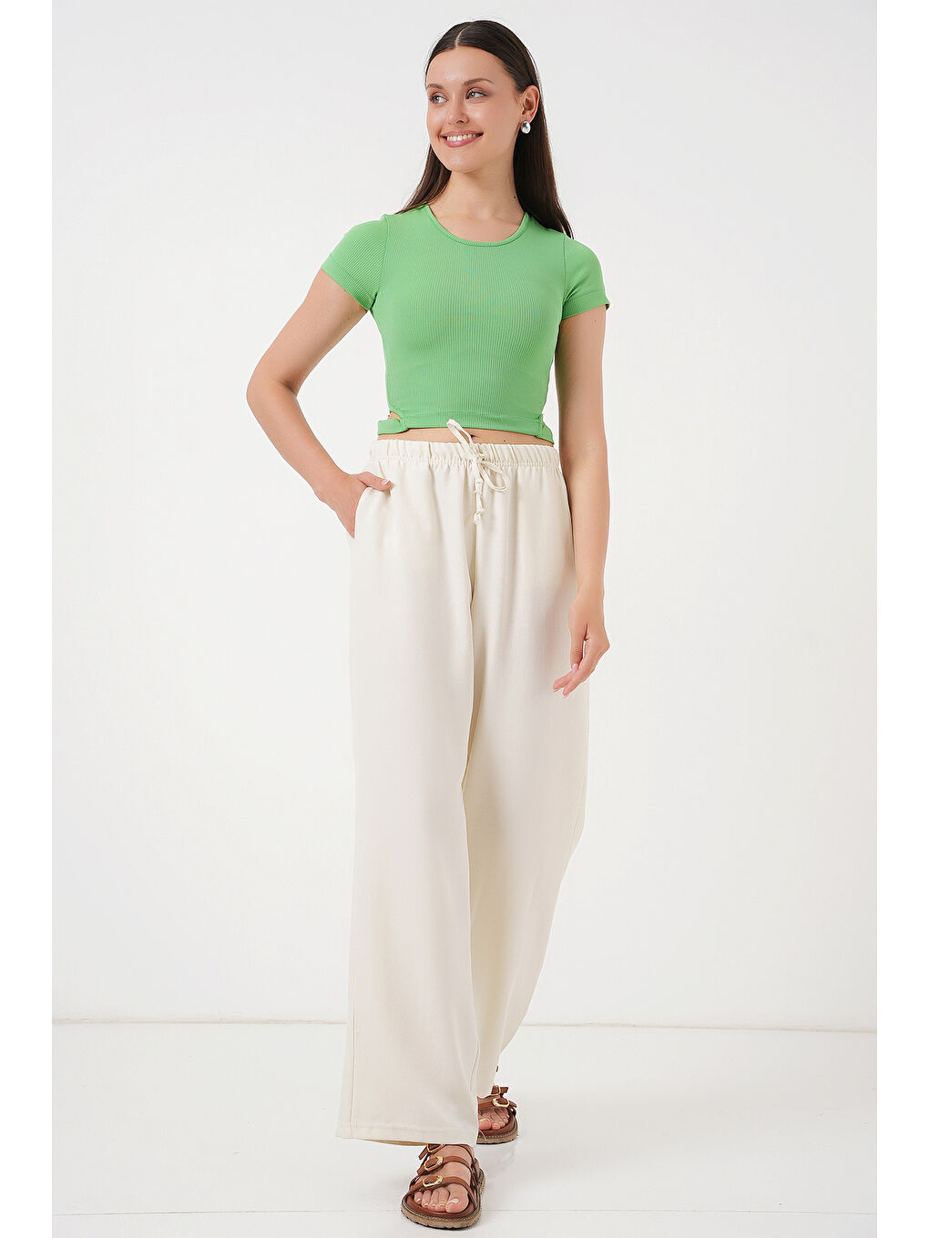 Kadın Geniş Paça Keten Pantolon 6735 - Ekru-2