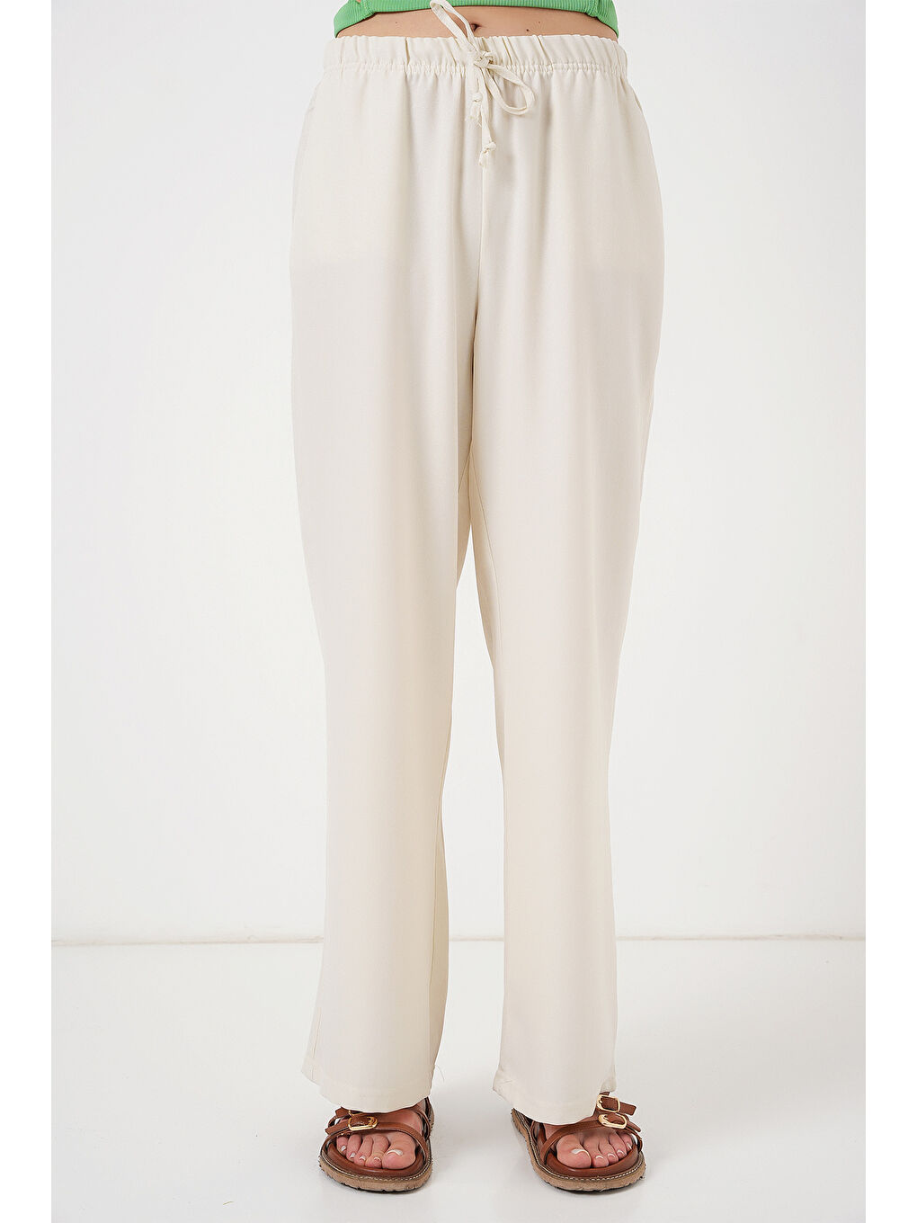 Kadın Geniş Paça Keten Pantolon 6735 - Ekru-3