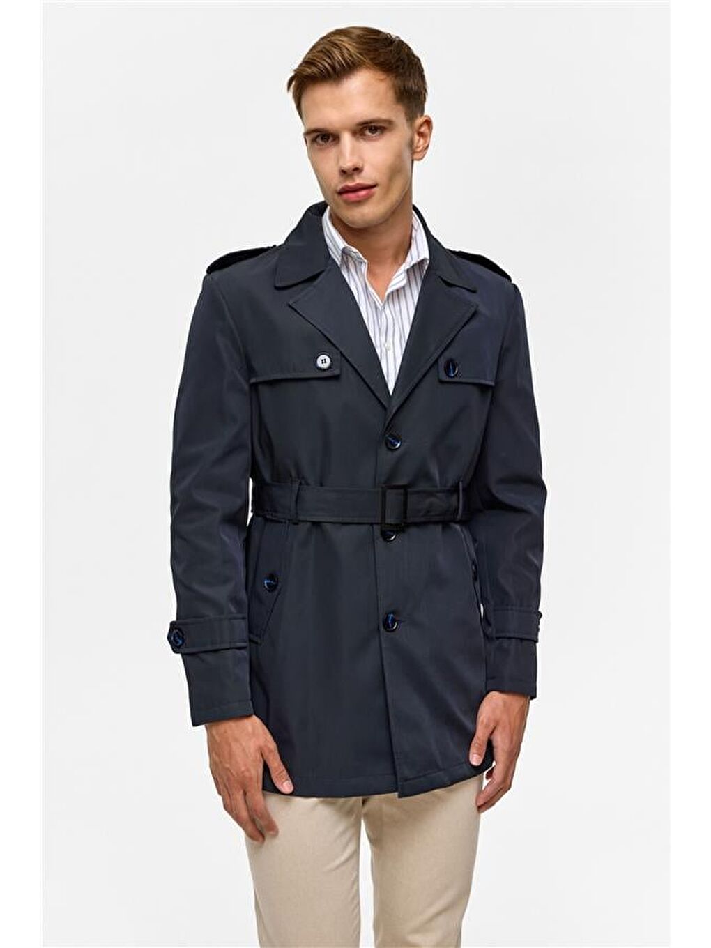 Lacivert Slim Düz Trençkot-1