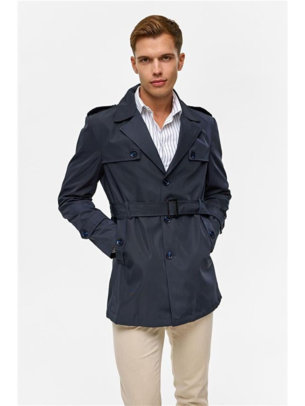 Lacivert Slim Düz Trençkot-2