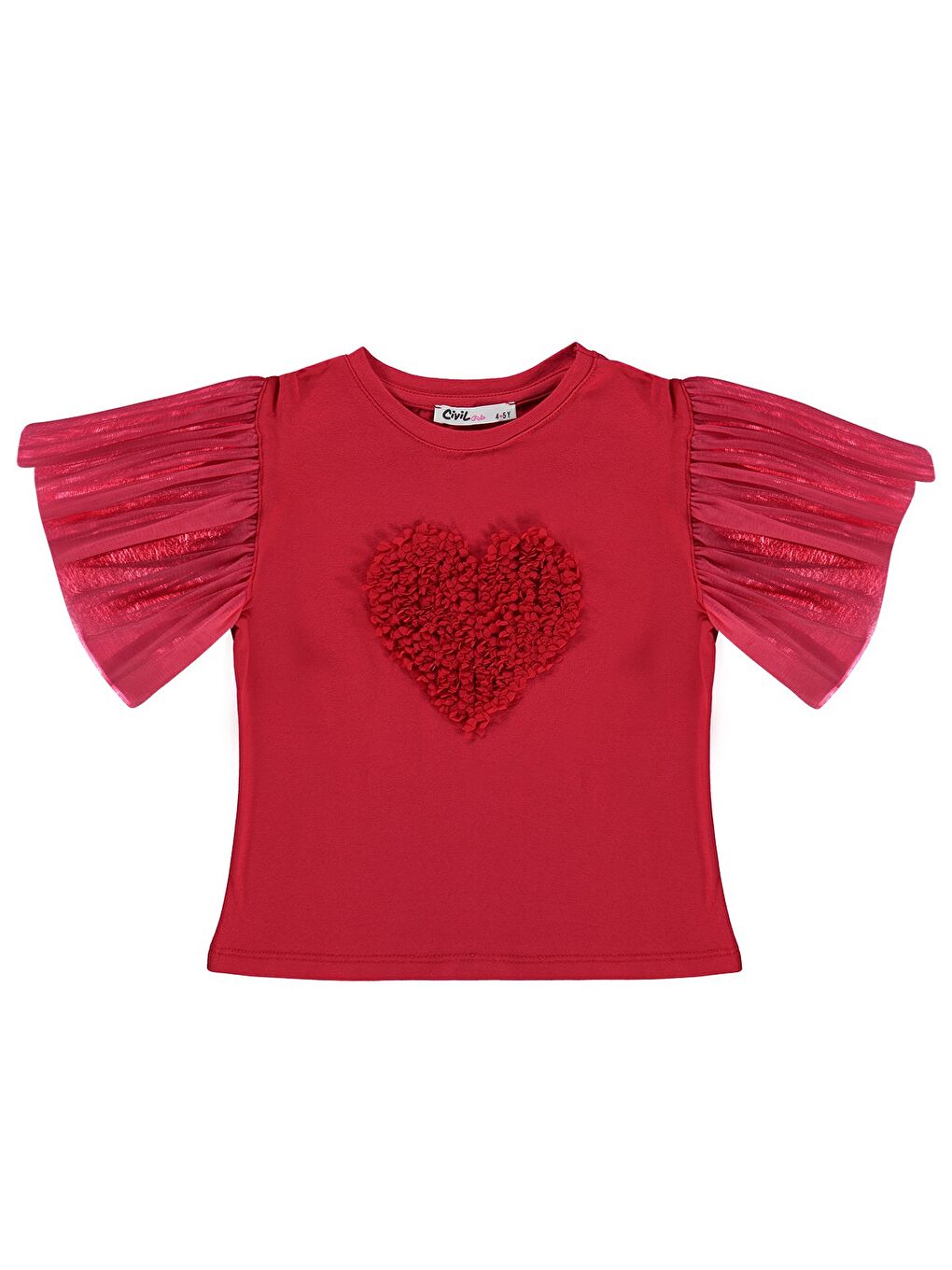 Girls Kolları Tüllü 4-9 Yaş Tişört - Kırmızı