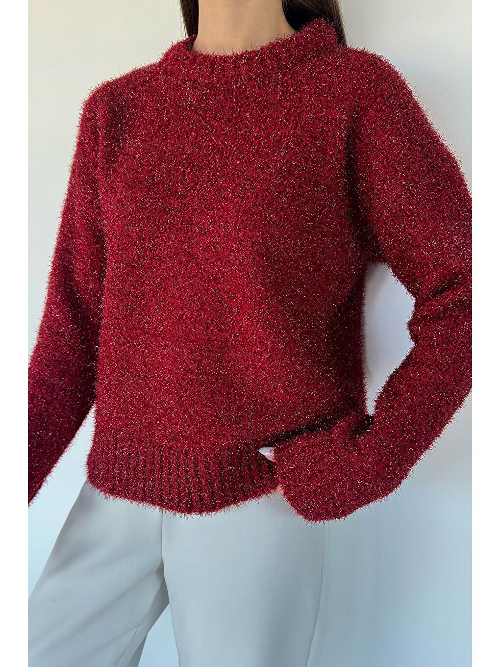 Bordo Kadın Simli Triko Kazak