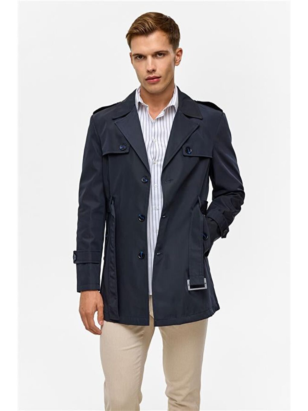 Lacivert Slim Düz Trençkot-3